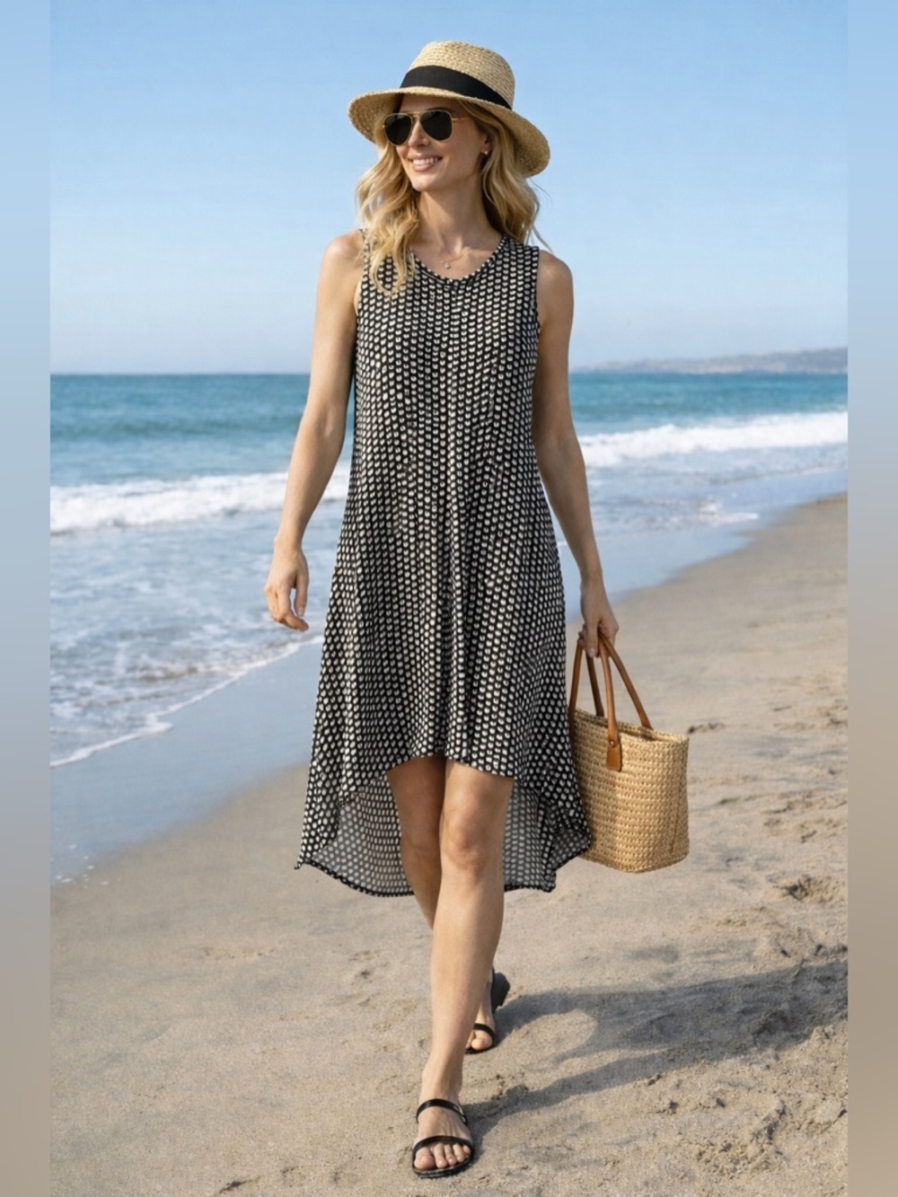 Sleeveless Black & White Polka Dot High-Low Summer Dress